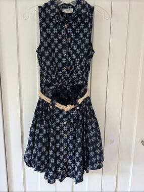 Samantha Pleet Kimono Navy and White Ikat Sleeveless Button Dress with Rope Belt